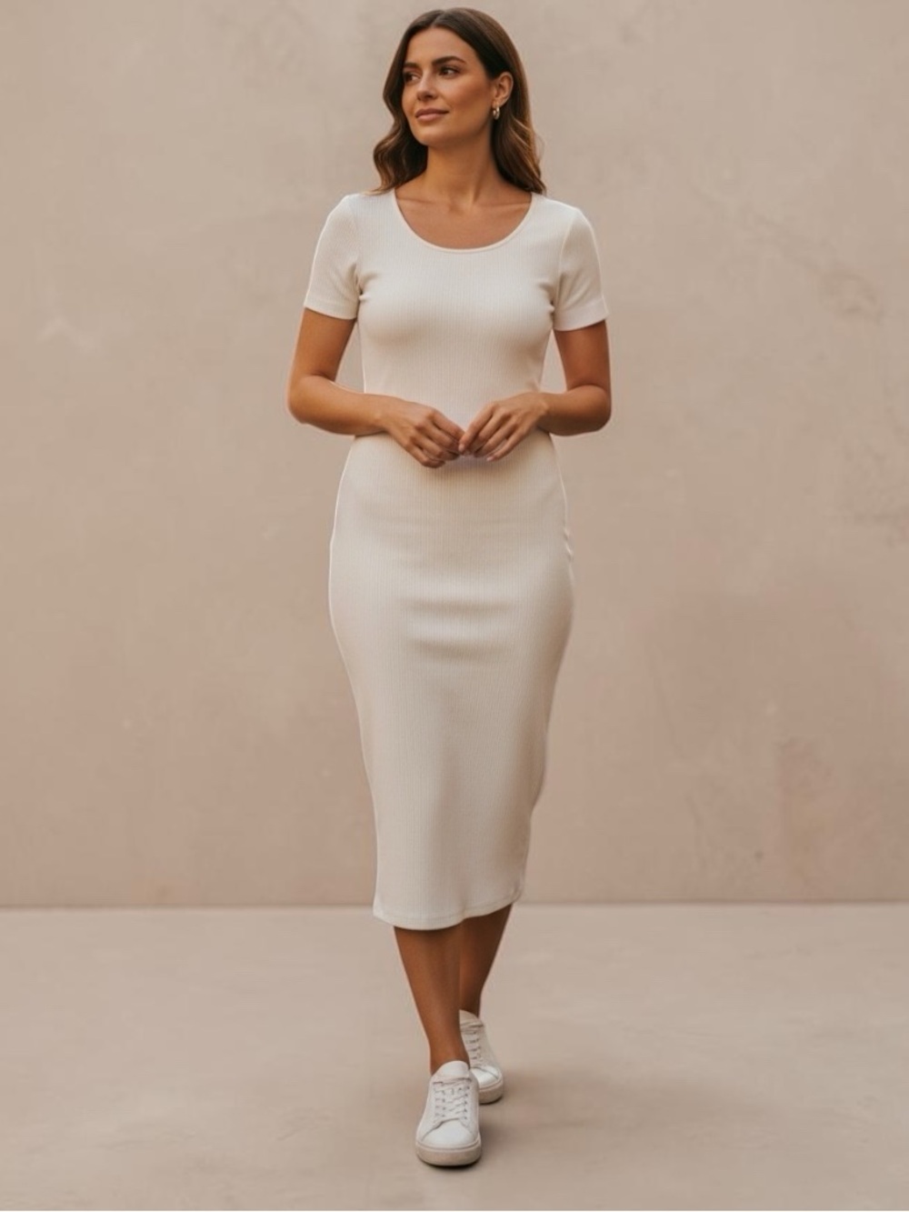 Slim Fit Cream Ribbed Midi Dress - Short Sleeve XS